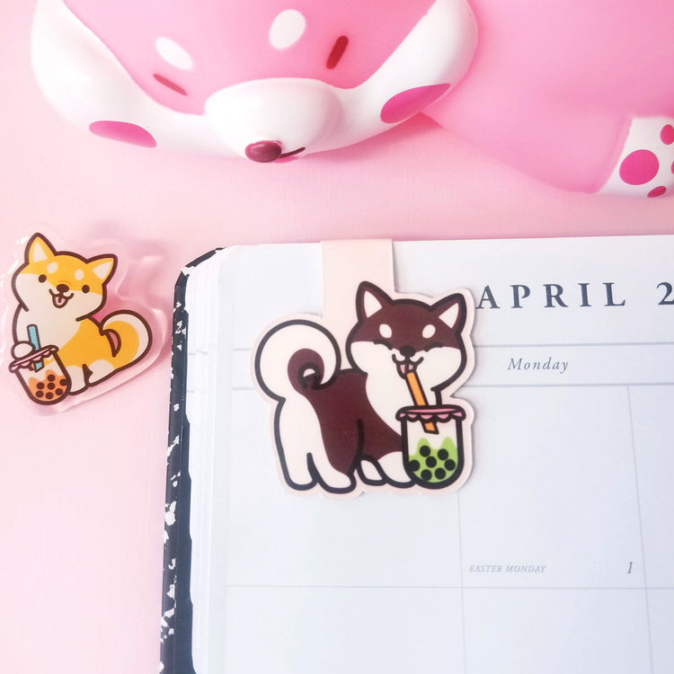 Brown Shiba with Boba Drink Magnetic Bookmark