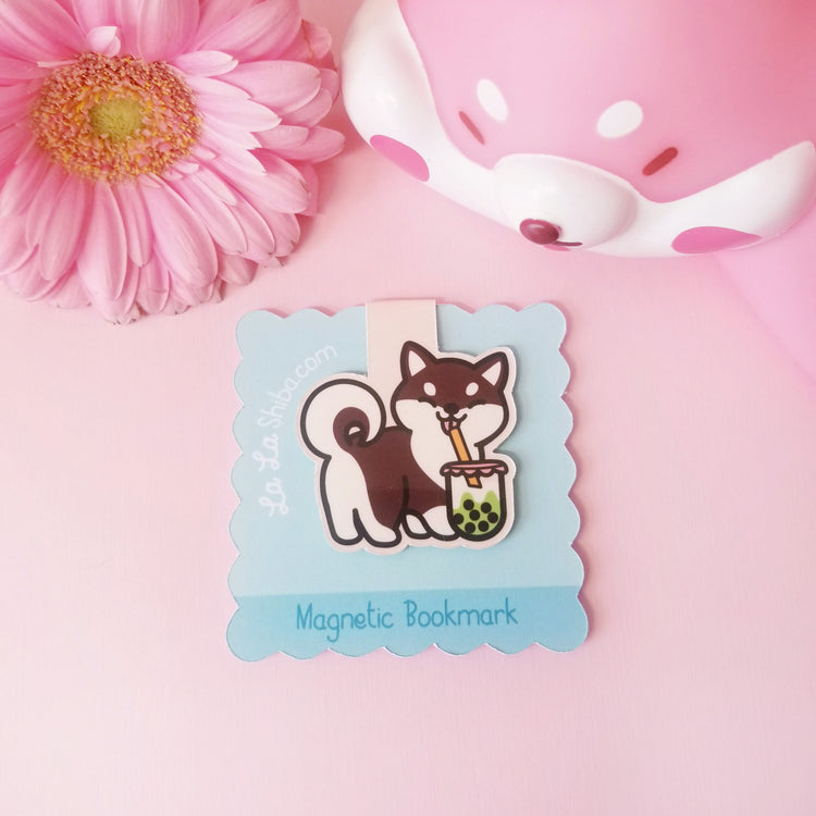 Brown Shiba with Boba Drink Magnetic Bookmark