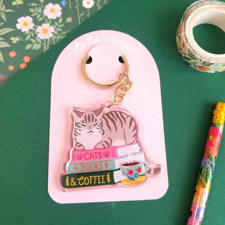 Cats, Books and Coffee Acrylic Keychain