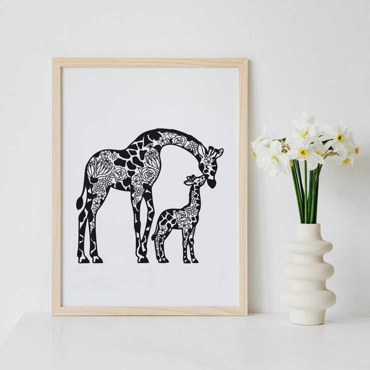 Mother Giraffe and Baby – Floral Design Printable Wall Art SVG, PNG, JPEG | Digital Download