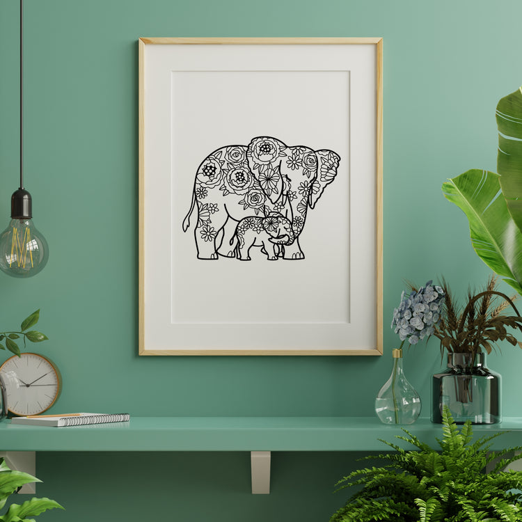 Mother Elephant and Baby – Floral Design | Printable Wall Art | Digital Download (PDF, SVG, PNG)