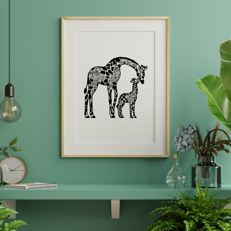 Mother Giraffe and Baby – Floral Design Printable Wall Art SVG, PNG, JPEG | Digital Download