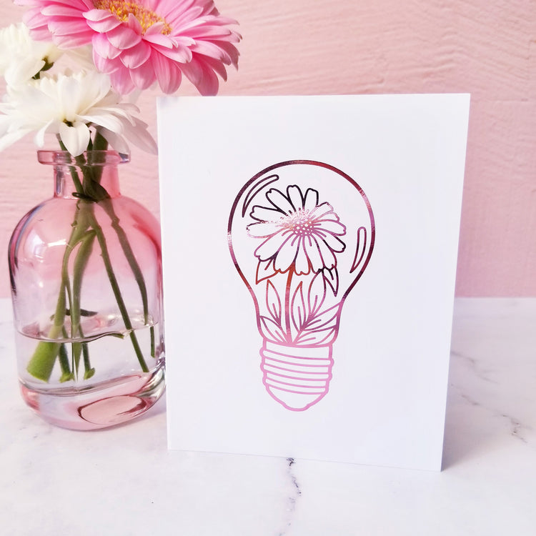 Flower in Lightbulb Rose Metallic Foil Card