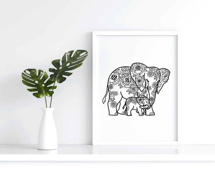 Mother Elephant and Baby – Floral Design | Printable Wall Art | Digital Download (PDF, SVG, PNG)