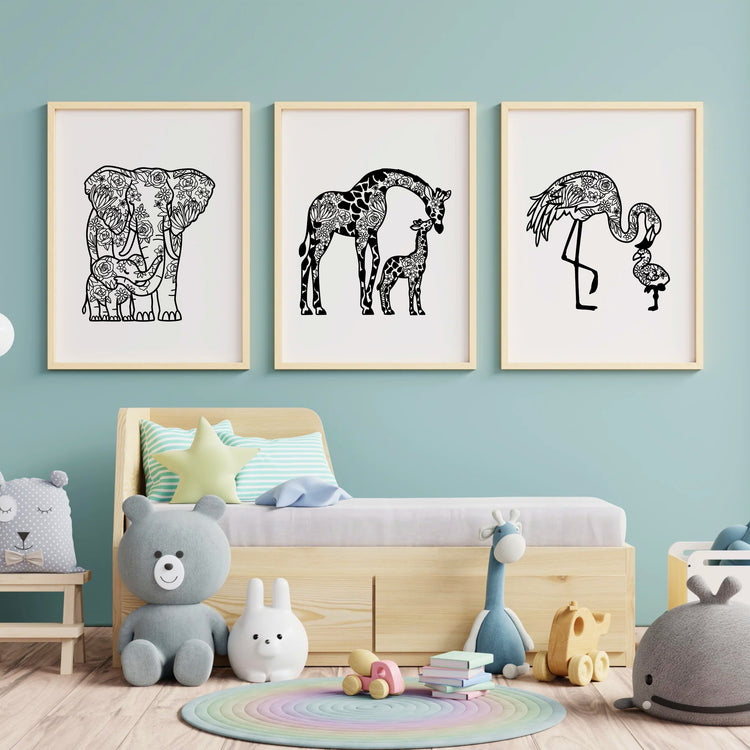 Mother Giraffe and Baby – Floral Design Printable Wall Art SVG, PNG, JPEG | Digital Download