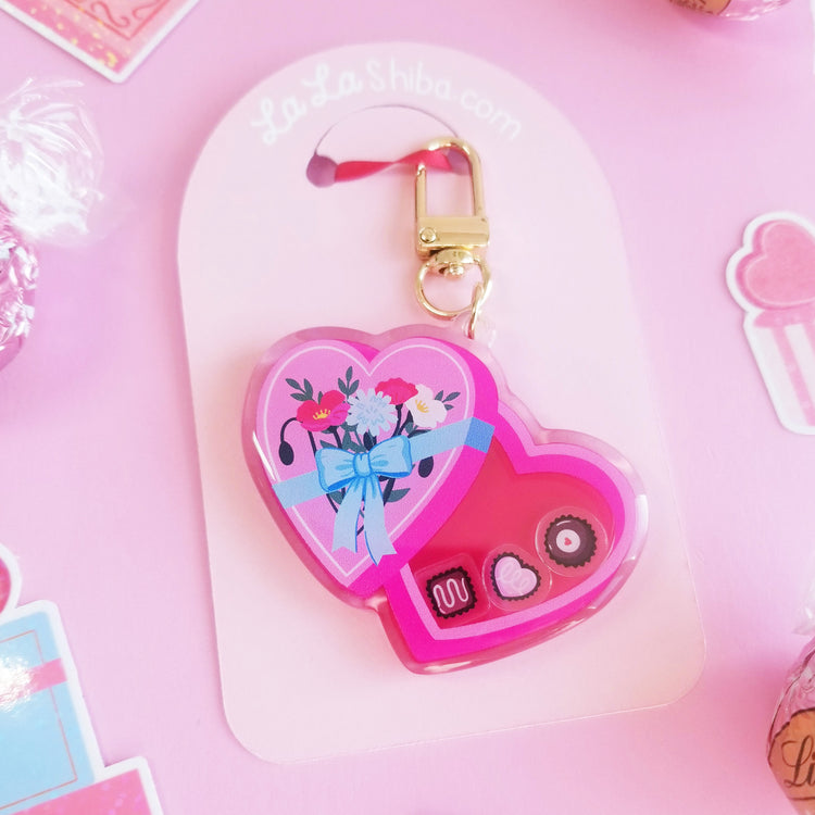 Pink Heart Box of Chocolates Acrylic Shaker Keychain