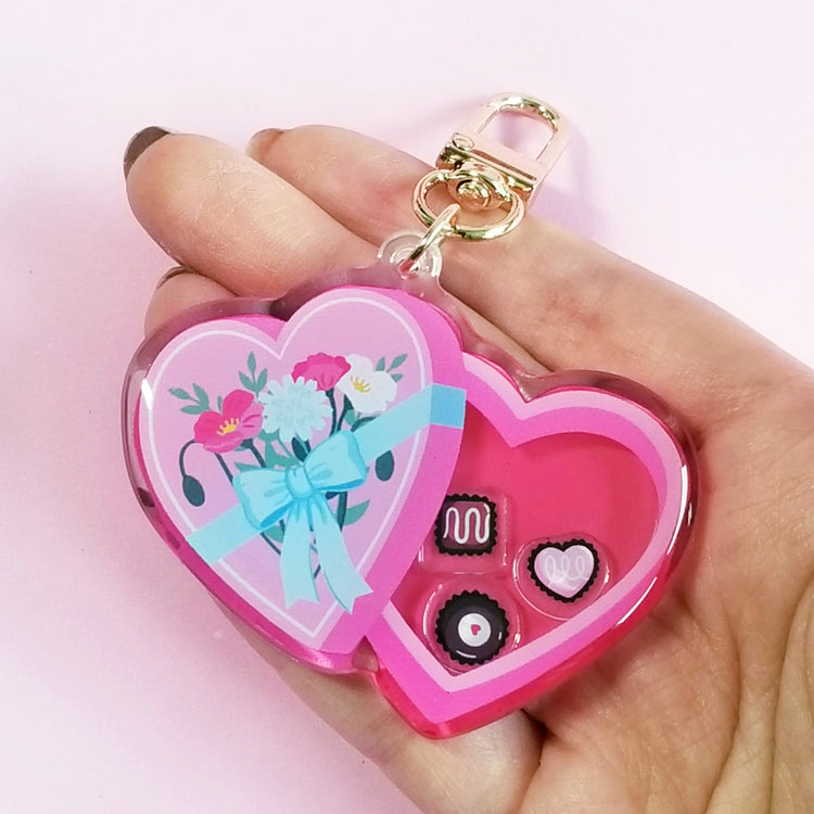 Pink Heart Box of Chocolates Acrylic Shaker Keychain
