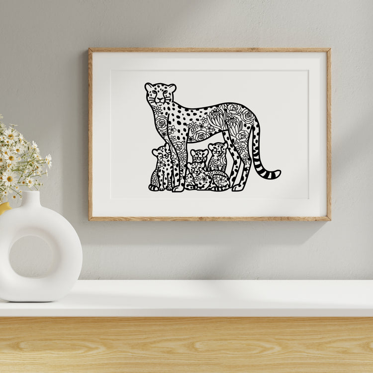 Mother Cheetah and cubs – Floral Design | Printable Wall Art | Digital Download (PDF, SVG, PNG)