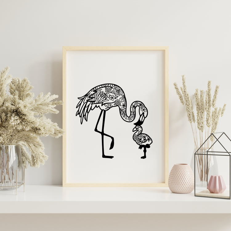 Mother Flamingo and chick – Floral Design | Printable Wall Art | Digital Download (PDF, SVG, PNG)