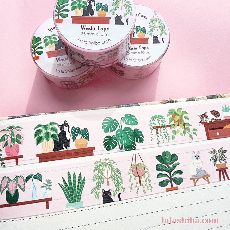 Plants and Cats Washi Tape 25mm, Plant Washi Tape, Cat washi tape, Masking Tape, Decorative tape, Stationery gift, Shipped Item