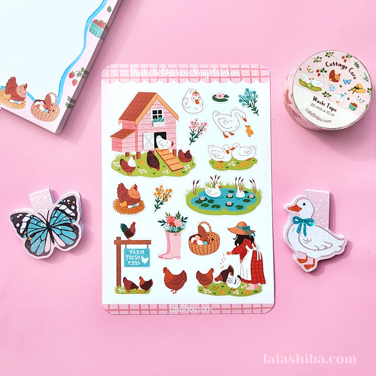 Ducks and Chickens Vinyl Sticker Sheet, Cottage Stickers, Journaling Stickers, Stationery, Shipped, Vinyl Stickers