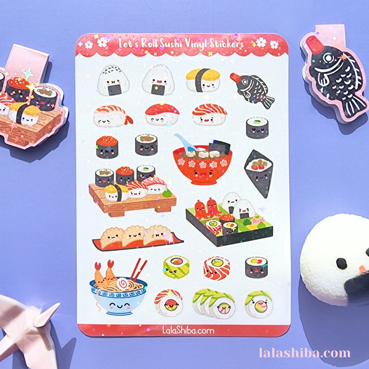 Kawaii Sushi Vinyl Sticker Sheet, Kawaii Food Sticker Sheet, Journaling Stickers, Stationery, Shipped, Vinyl Stickers (Copy)