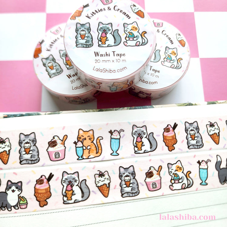 Kitties and Cream Washi Tape 20mm, Kawaii Cat Washi Tape, Ice cream washi tape, Decorative Tape, Masking Tape, Stationery gift, Shipped Item