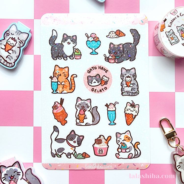Kitties and Cream Vinyl Sticker Sheet, Kawaii Cats Sticker Sheet, Ice Cream Stickers, Journaling Stickers, Stationery, Shipped, Vinyl Stickers