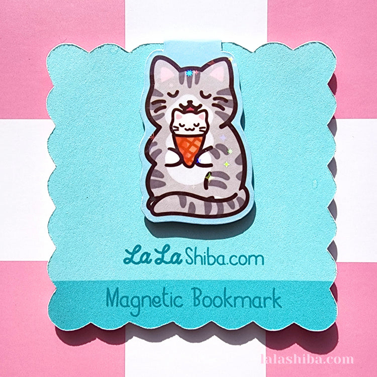 Tabby Cat with Ice Cream Magnetic Bookmark, Cat Magnetic Bookmark, Kawaii Cat Bookmark, Page Marker, Shipped, Handmade