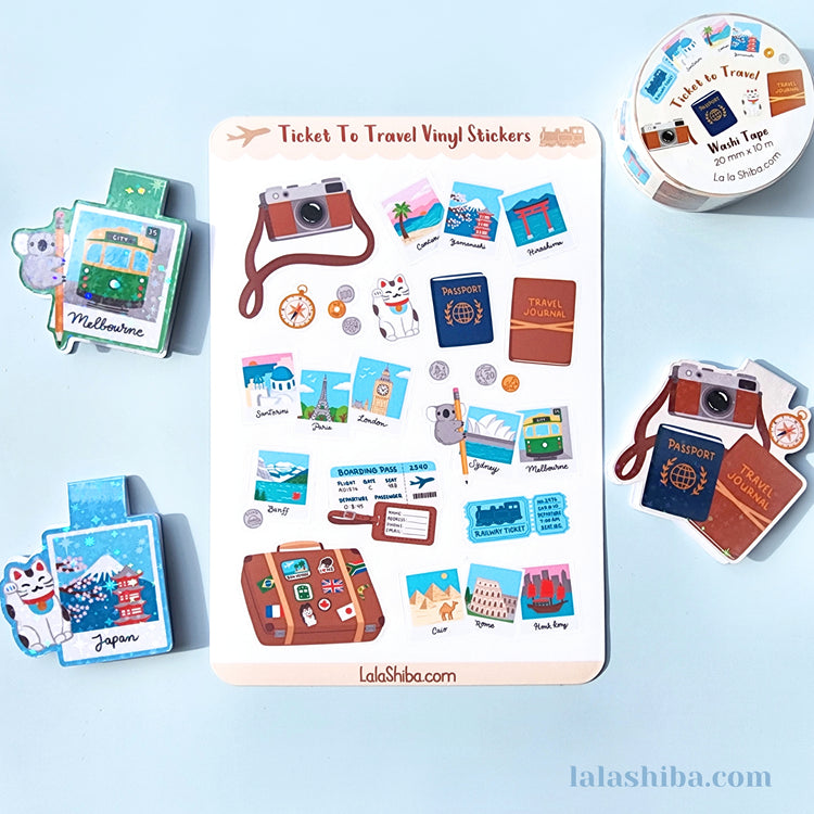 Ticket To Travel Vinyl Sticker Sheet, Vacation Stickers, Journaling Stickers, Stationery, Shipped, Vinyl Stickers
