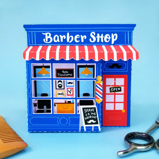 Barber Shop Print and Cut 3D Gift Box SVG Cutfile for Silhouette Machines