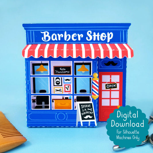 Barber Shop Print and Cut 3D Gift Box SVG Cutfile for Silhouette Machines