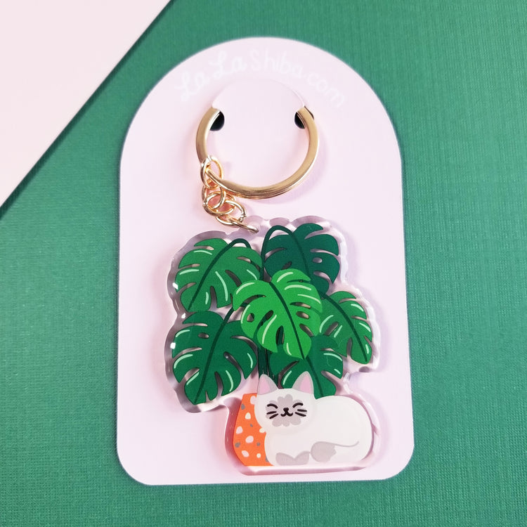 Monstera Plant and Kitty Keychain