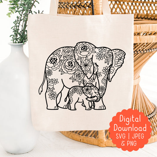 Mother Elephant and Baby – Floral Design | Printable Wall Art | Digital Download (PDF, SVG, PNG)
