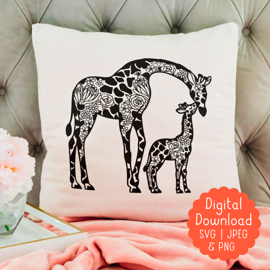 Mother Giraffe and Baby – Floral Design Printable Wall Art  SVG, PNG, JPEG | Digital Download