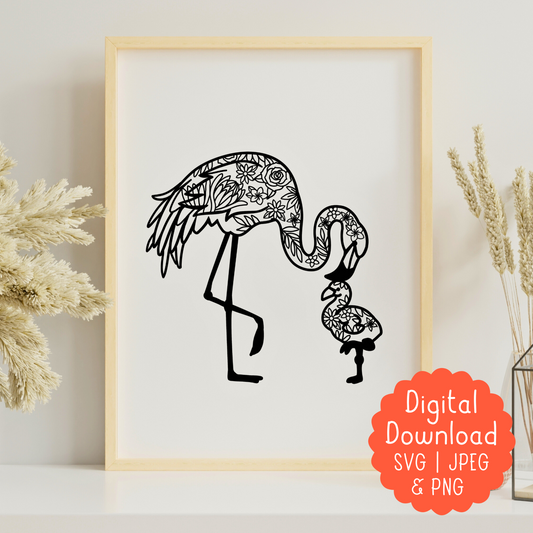Mother Flamingo and chick – Floral Design | Printable Wall Art | Digital Download (PDF, SVG, PNG)