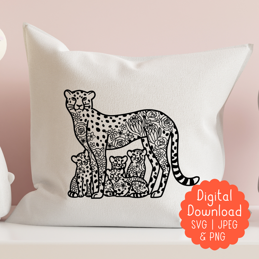 Mother Cheetah and cubs – Floral Design | Printable Wall Art | Digital Download (PDF, SVG, PNG)
