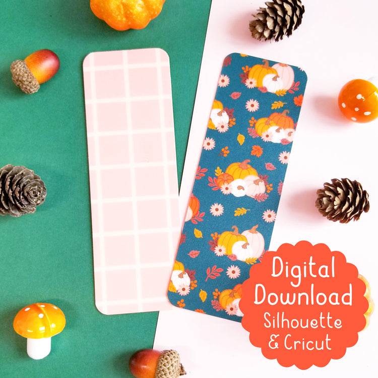 Print and Cut Pumpkins on Teal and Pink Plaid Bookmarks