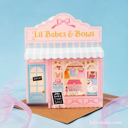Babes And Bows Baby Shop 3D Card, Baby Shower Card, Handmade Greeting Card, Shipped