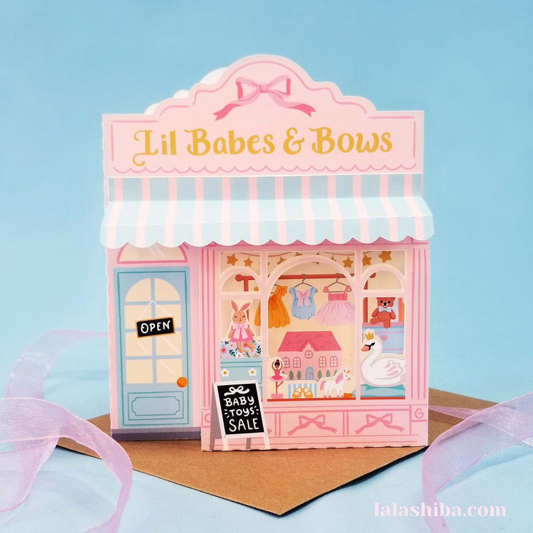 Babes And Bows Baby Shop 3D Card, Baby Shower Card, Handmade Greeting Card, Shipped