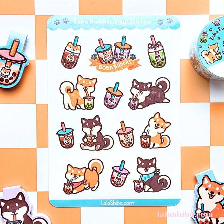 Boba Buddies Vinyl Sticker Sheet, Shiba Inu Sticker Sheet, Bubble Tea Stickers, Journaling Stickers, Stationery, Shipped, Vinyl Stickers
