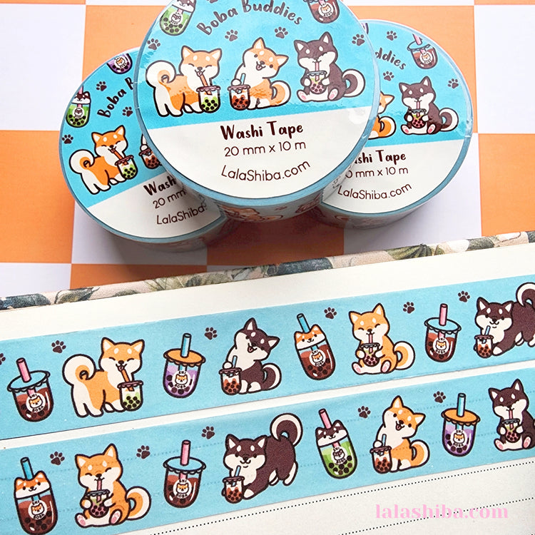 Boba Buddies Washi Tape 20mm, Boba Tea Washi Tape, Shiba Inu Dog washi tape, Decorative Tape, Masking Tape, Stationery gift, Shipped Item