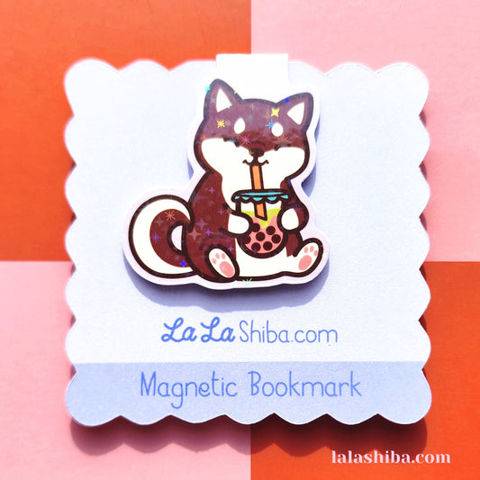 Brown Shiba Inu with Boba Tea Magnetic Bookmark, Shiba Inu Dog Magnetic Bookmark, Shipped