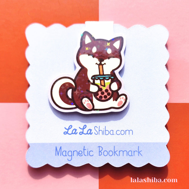 Brown Shiba Inu with Boba Tea Magnetic Bookmark, Shiba Inu Dog Magnetic Bookmark, Shipped
