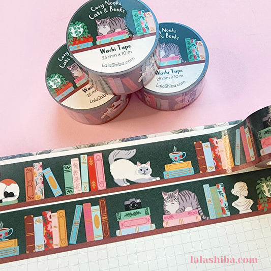 Cozy Nooks Cats and Books Washi Tape 25mm, Book Theme Washi Tape, Cat washi tape, Masking Tape, Stationery gift, Shipped Item