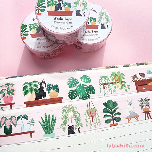 Plants and Cats Washi Tape 25mm, Plant Washi Tape, Cat washi tape, Masking Tape, Decorative tape, Stationery gift, Shipped Item