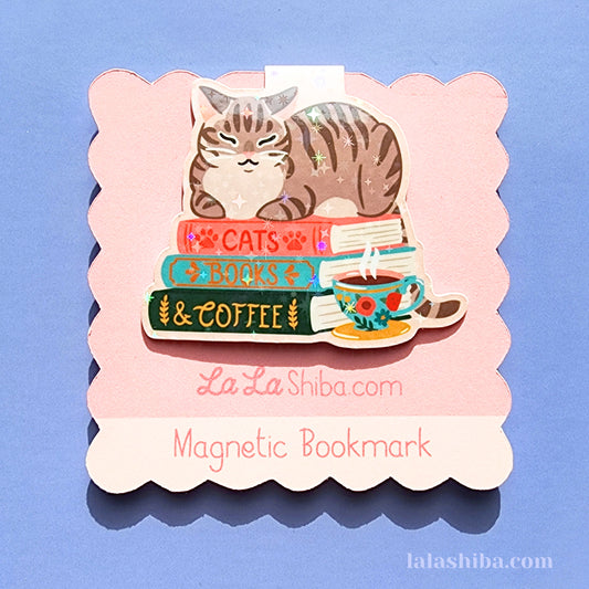 Cats, Books and Coffee Magnetic Bookmark, Cat Lovers Bookmark, Shipped