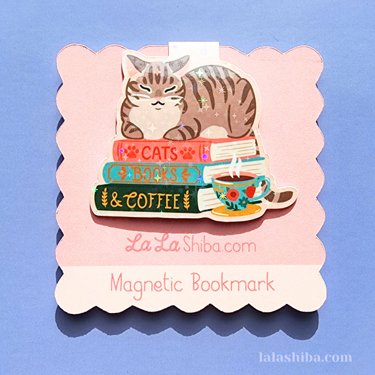 Cats, Books and Coffee Magnetic Bookmark, Cat Lovers Bookmark, Shipped
