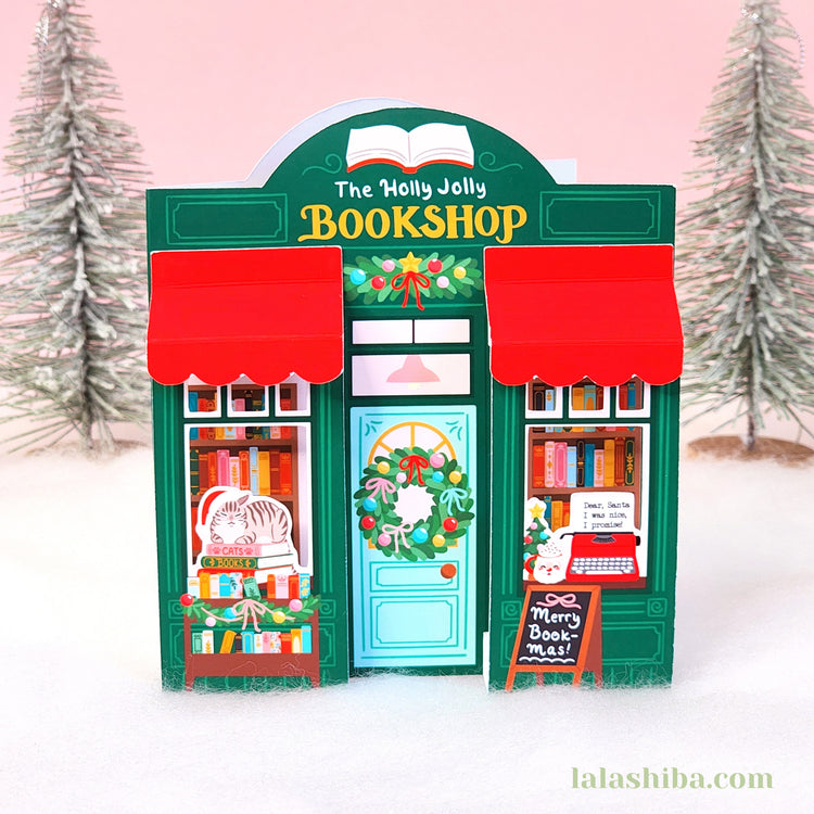 Christmas Book Shop 3D Card, Christmas Card, Handmade Greeting Card, Shipped