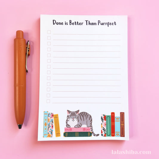Done is Better Then Purrfect, A6 Notepad, Stationary Gift, Cat Notepad, Shipped Notepad, Handmade notepad