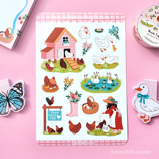Ducks and Chickens Vinyl Sticker Sheet, Cottage Stickers, Journaling Stickers, Stationery, Shipped, Vinyl Stickers