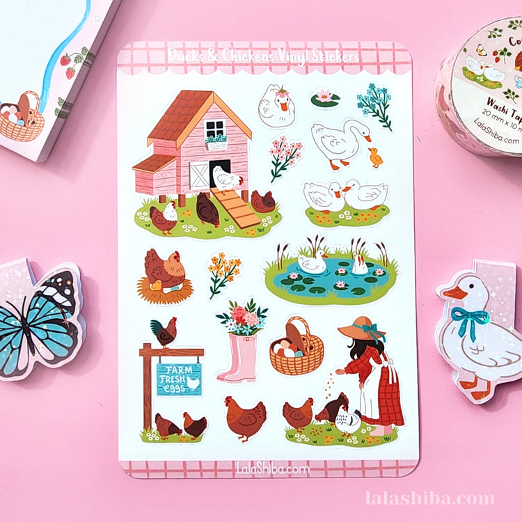 Ducks and Chickens Vinyl Sticker Sheet, Cottage Stickers, Journaling Stickers, Stationery, Shipped, Vinyl Stickers