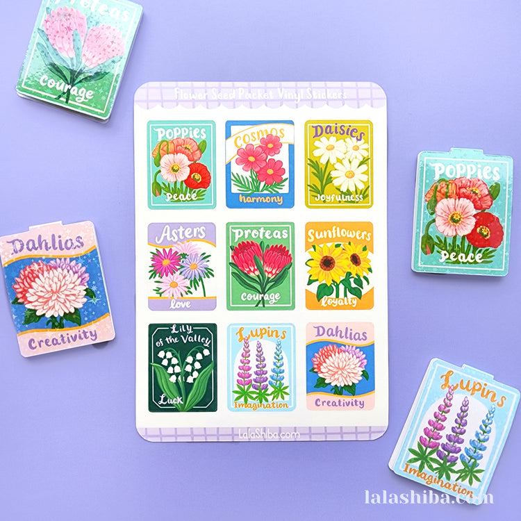 Flower Seed Packet Vinyl Sticker Sheet, Flower Stickers, Journaling Stickers, Stationery, Shipped, Vinyl Stickers