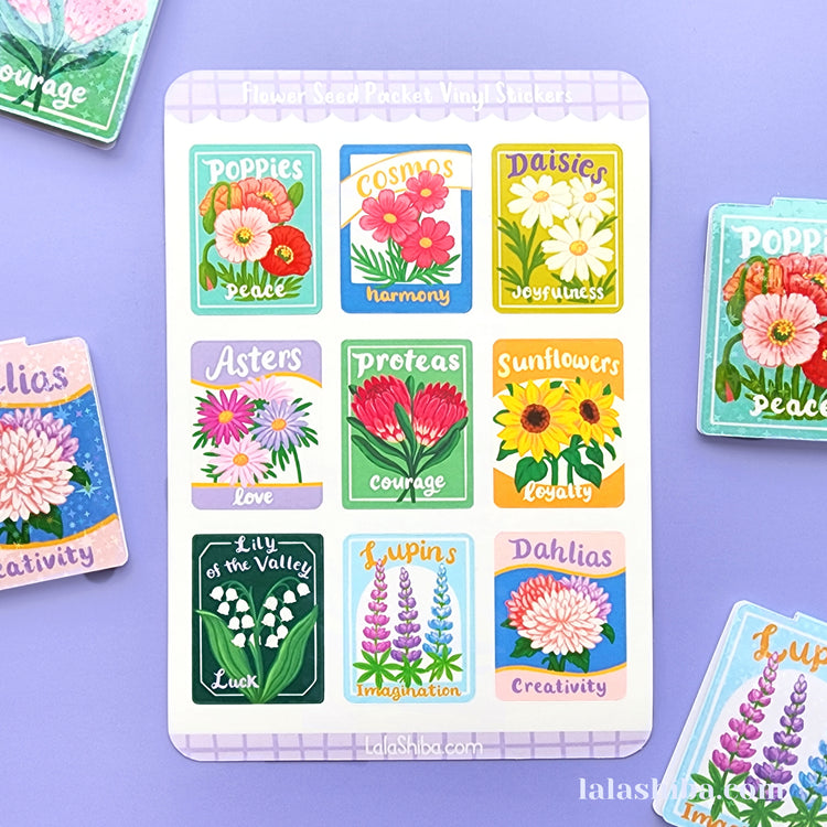 Flower Seed Packet Vinyl Sticker Sheet, Flower Stickers, Journaling Stickers, Stationery, Shipped, Vinyl Stickers