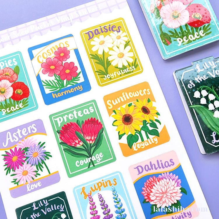 Flower Seed Packet Vinyl Sticker Sheet, Flower Stickers, Journaling Stickers, Stationery, Shipped, Vinyl Stickers