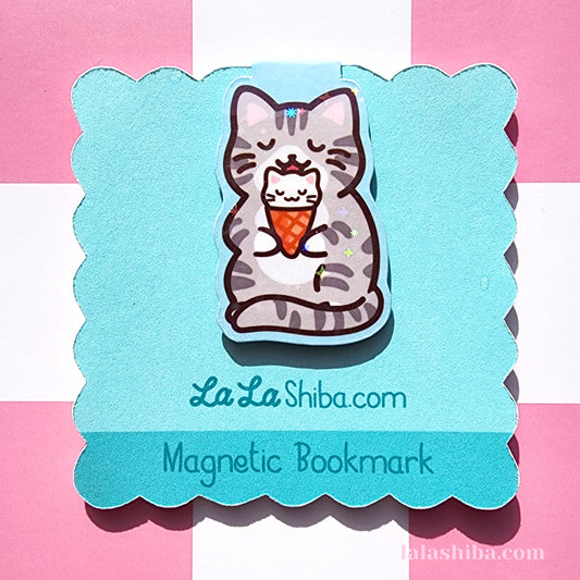 Tabby Cat with Ice Cream Magnetic Bookmark, Kawaii Cat Bookmark, Shipped