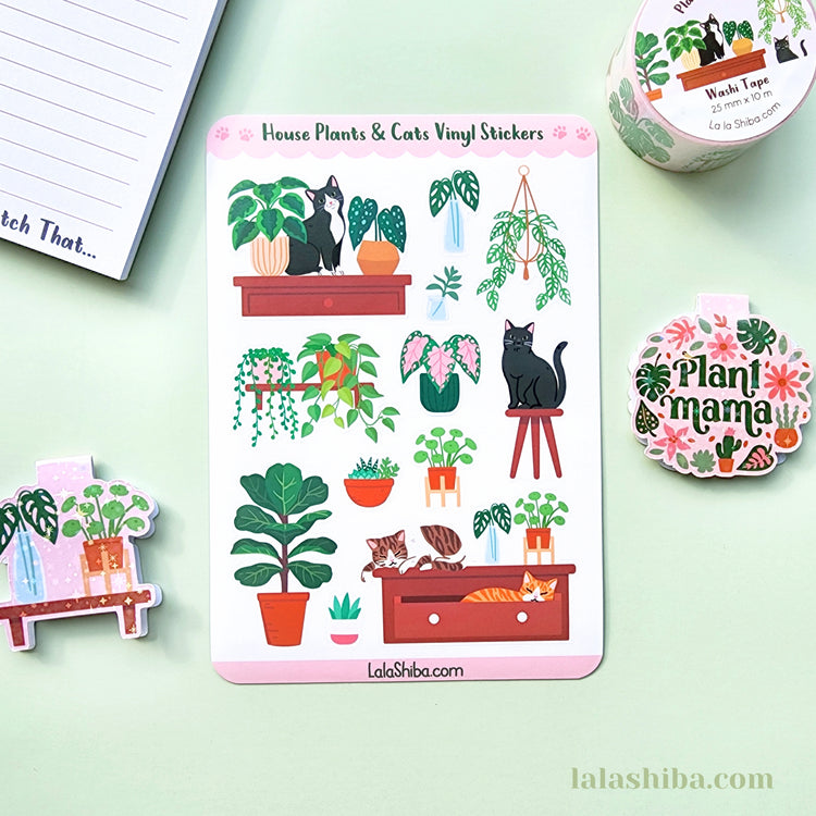 Plants and Cats Sticker Sheet, House Plant Stickers, Journaling Stickers, Stationery, Shipped, Vinyl Stickers