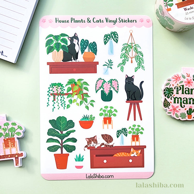 Plants and Cats Sticker Sheet, House Plant Stickers, Journaling Stickers, Stationery, Shipped, Vinyl Stickers