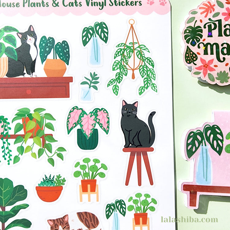 Plants and Cats Sticker Sheet, House Plant Stickers, Journaling Stickers, Stationery, Shipped, Vinyl Stickers