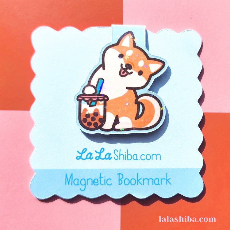 Shiba Inu with Boba Tea Magnetic Bookmark, Bubble Tea Magnetic Bookmark, Shiba Inu Magnetic Bookmark, Puppy Dog Magnetic Bookmark, Stationery, Book Accessory, Shipped
